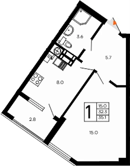 Квартира 1-комн. 35.1 кв. м