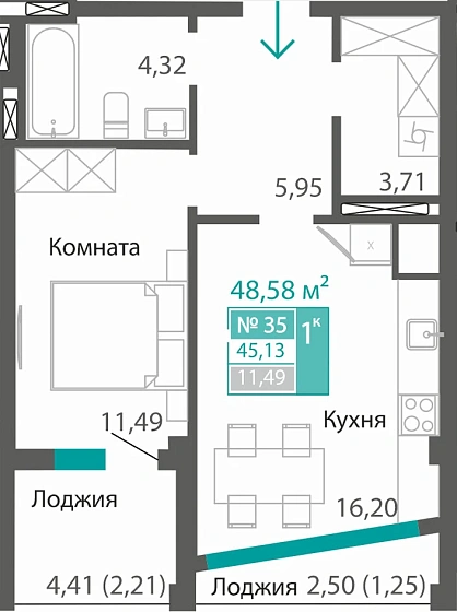 Квартира 1-комн. 45.13 кв.м