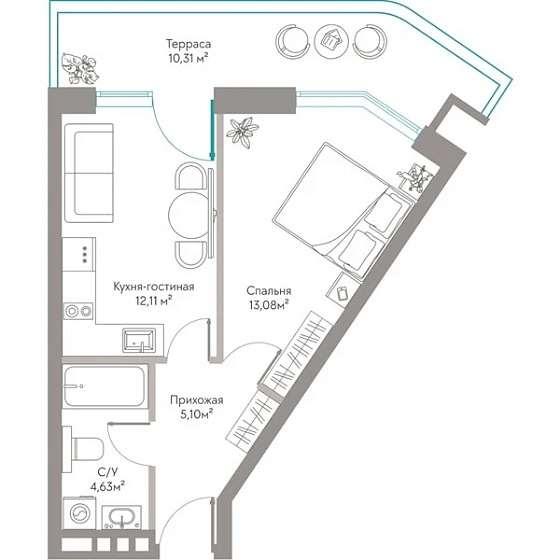 Квартира 1-комн. 45.23 кв. м