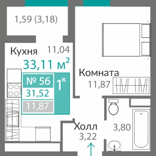 Квартира 1-комн. 31.52 кв.м