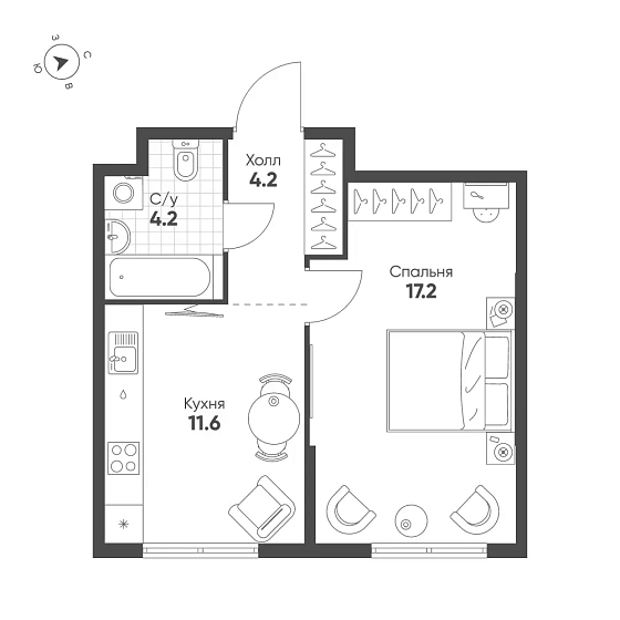 Квартира 1-комн. 37.2 кв. м