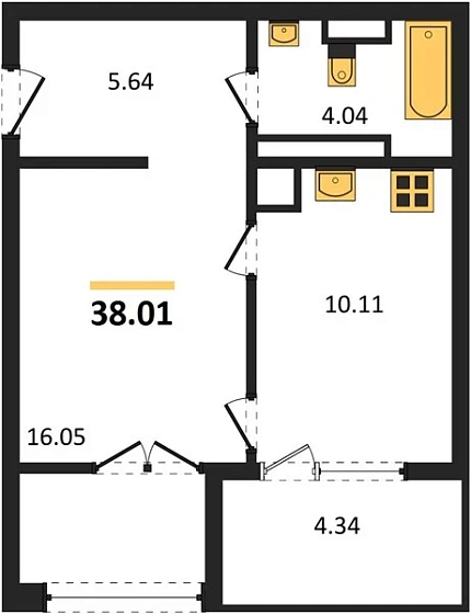 Квартира 1-комн. 38.01 кв. м