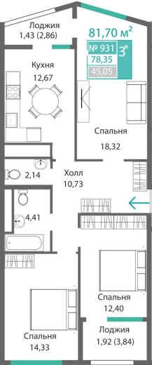 Квартира 3-комн. 78.35 кв.м