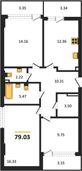 Квартира 3-комн. 79.03 кв. м