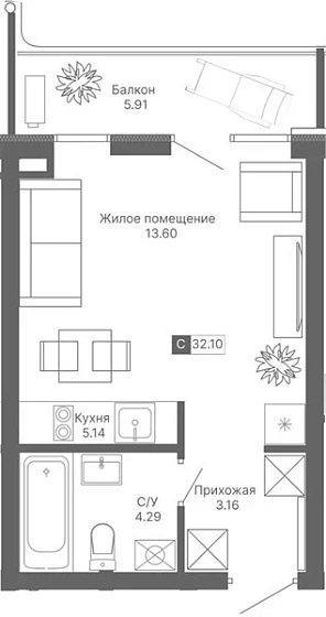 Апартаменты Студия 32.1 кв. м