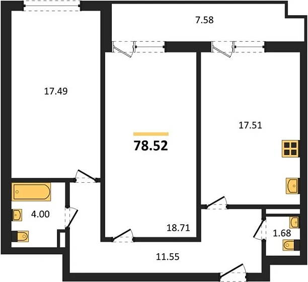 Квартира 2-комн. 78.52 кв. м