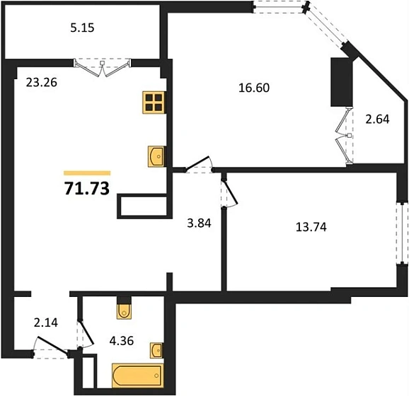 Квартира 2-комн. 71.73 кв. м