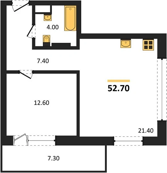 Апартаменты 1-комн. 52.7 кв. м