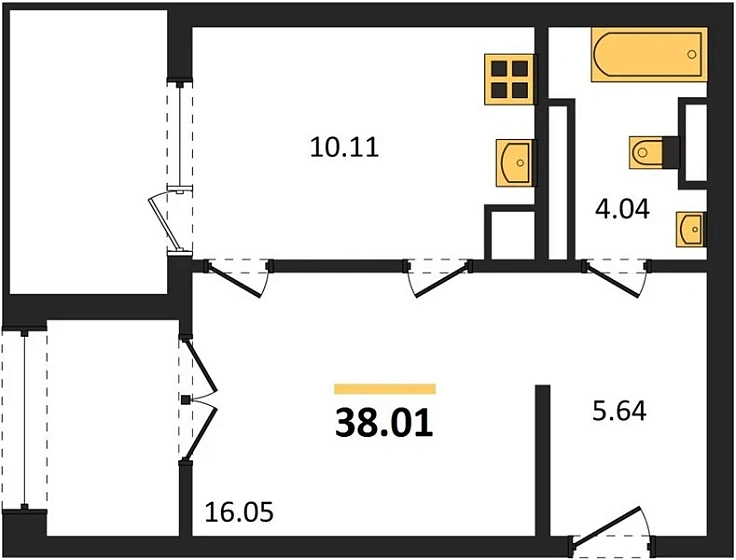 Квартира 1-комн. 38.01 кв. м