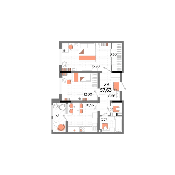 Квартира 2-комн. 53.5 кв. м