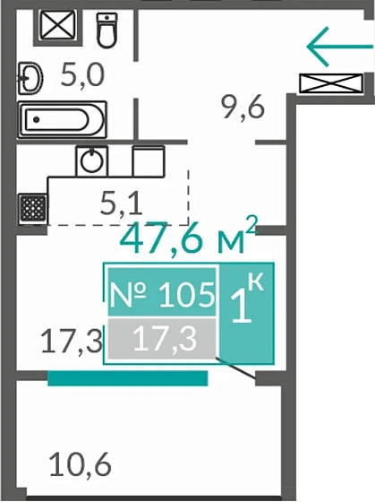 Апартаменты 1-комн. 47.6 кв.м