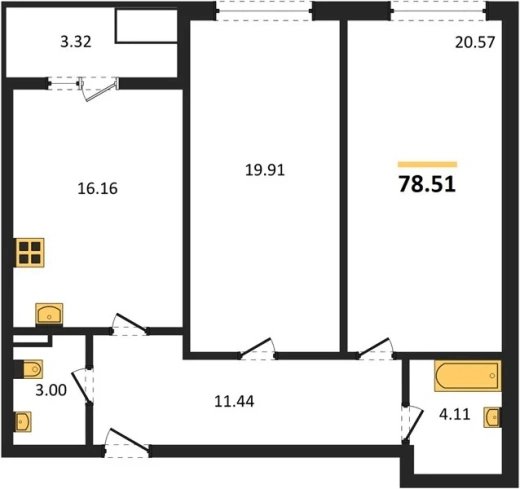 Квартира 2-комн. 78.51 кв. м