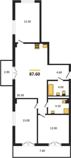 Квартира 3-комн. 87.6 кв. м