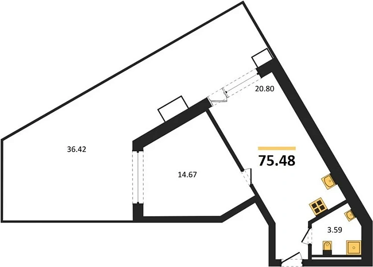 Апартаменты 1-комн. 75.48 кв. м