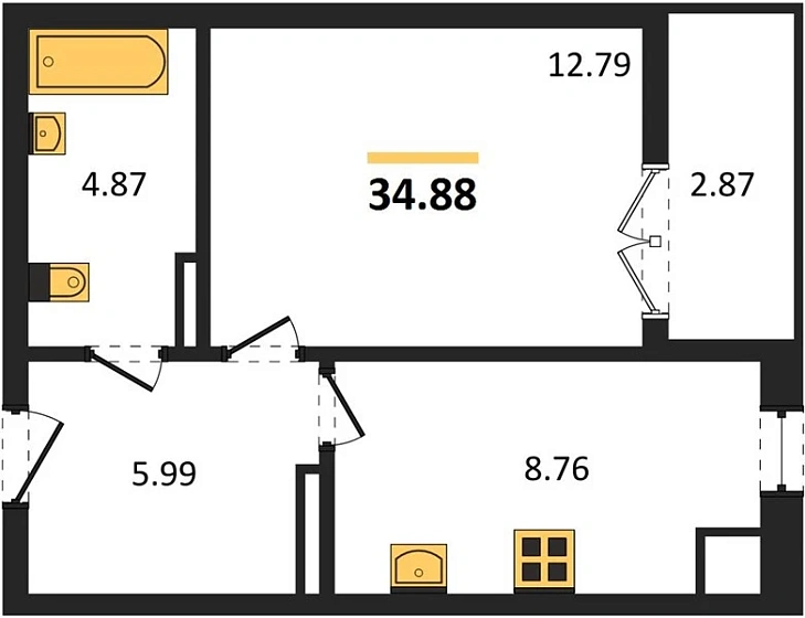 Квартира 1-комн. 34.88 кв. м