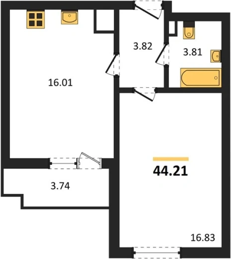Квартира 1-комн. 44.21 кв. м