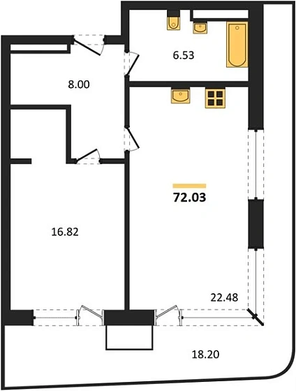 Апартаменты 1-комн. 72.03 кв. м