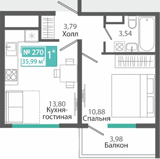 Квартира 1-комн. 35.99 кв.м