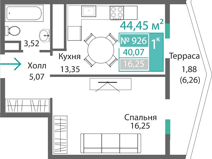 Квартира 1-комн. 40.07 кв.м