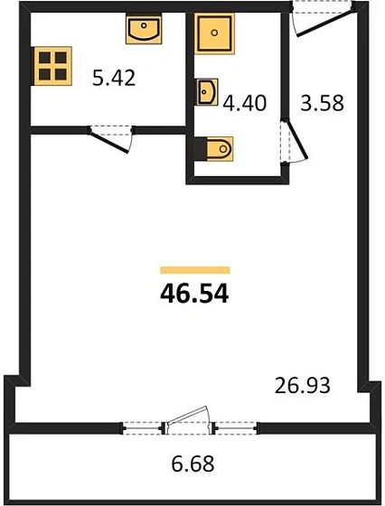 Апартаменты 1-комн. 46.54 кв. м