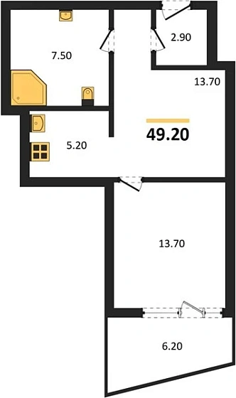 Квартира 1-комн. 49.2 кв. м