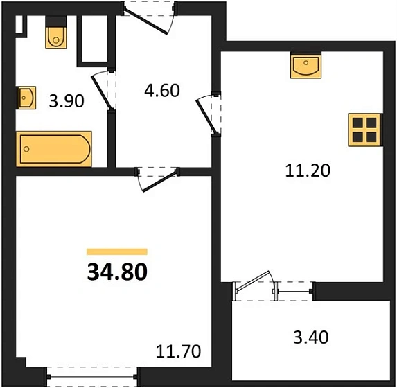 Квартира 1-комн. 34.8 кв. м