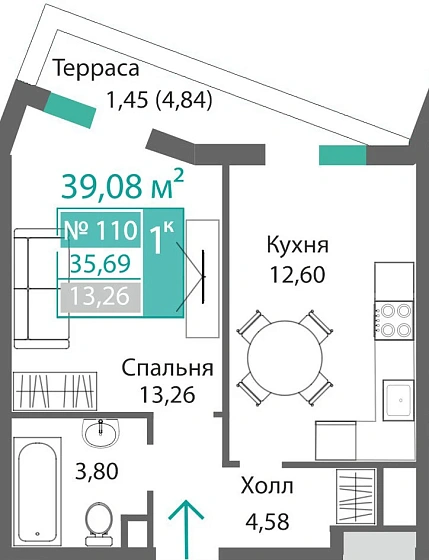 Квартира 1-комн. 35.69 кв.м
