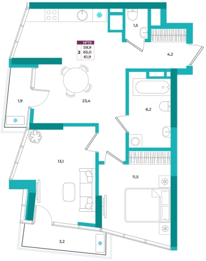 Квартира 2-комн. 61.9 кв.м
