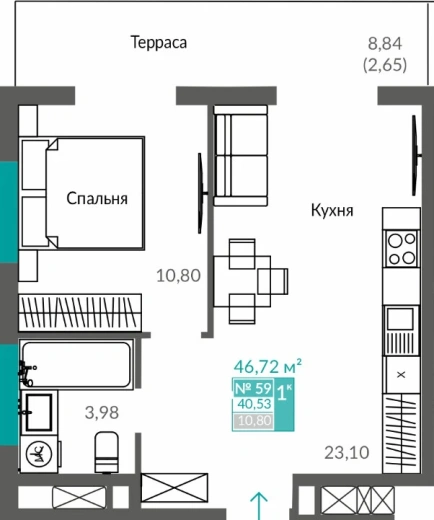 Квартира 1-комн. 40.53 кв.м