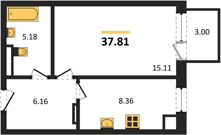 Квартира 1-комн. 37.81 кв. м
