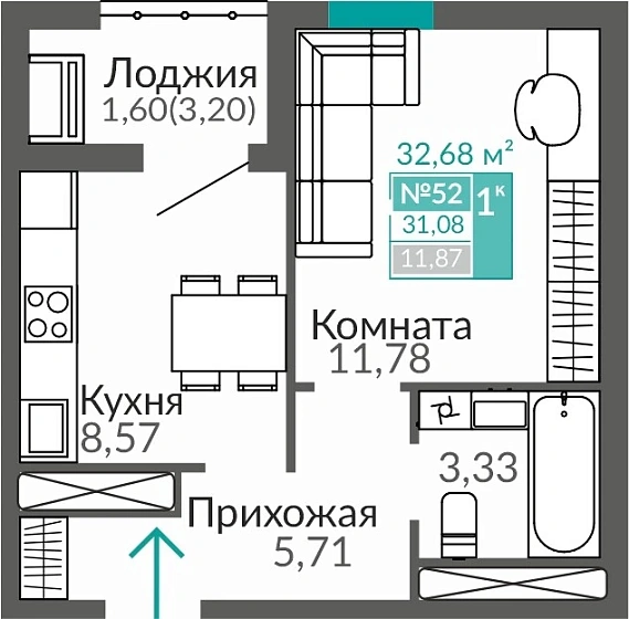 Квартира 1-комн. 31.08 кв.м