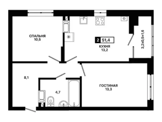 Квартира 2-комн. 51.4 кв. м