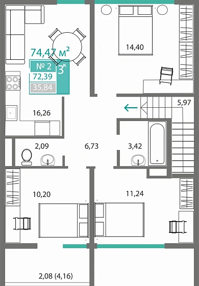 Квартира 3-комн. 72.39 кв.м