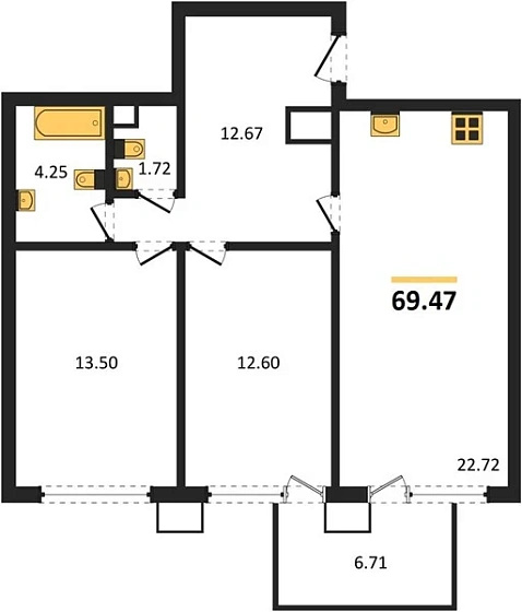Квартира 2-комн. 69.47 кв. м