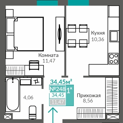 Квартира 1-комн. 34.45 кв.м