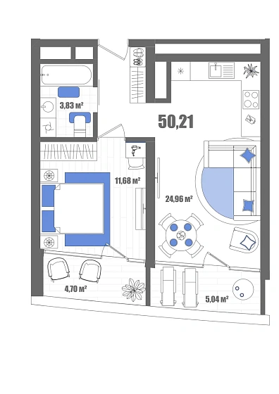 Апартаменты 1-комн. 50.21 кв. м
