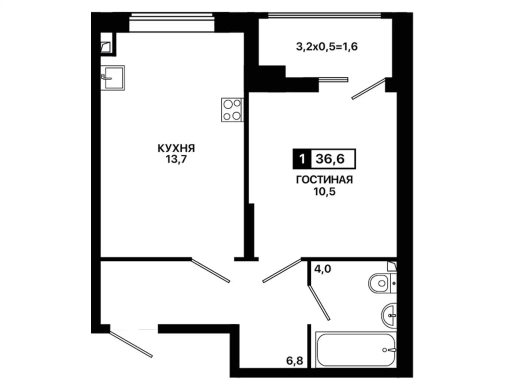 Квартира 1-комн. 36.6 кв. м