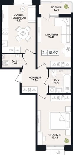 Квартира 2-комн. 61.97 кв. м