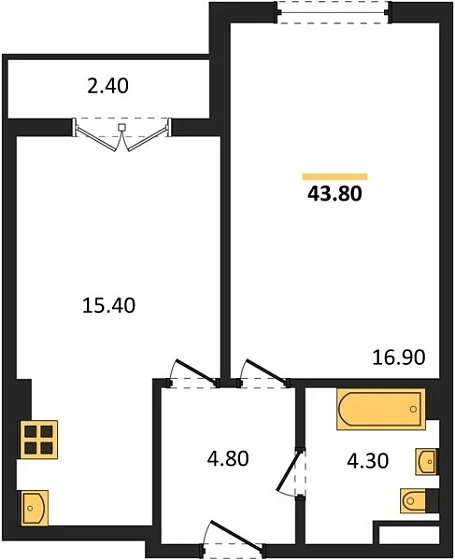 Квартира 1-комн. 43.8 кв. м