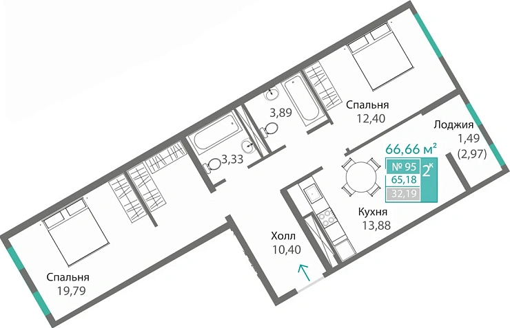 Квартира 2-комн. 65.18 кв.м