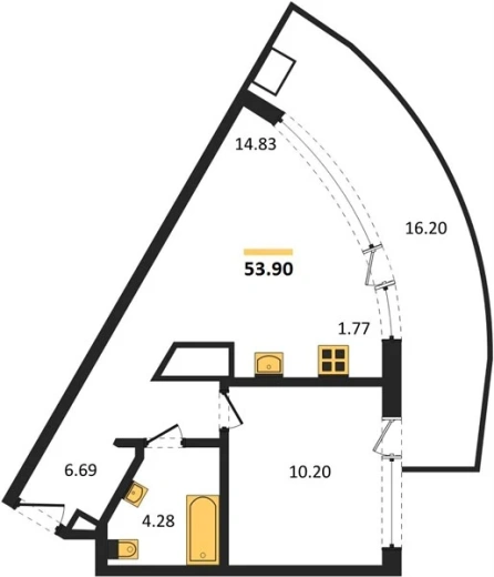 Апартаменты 1-комн. 53.9 кв. м