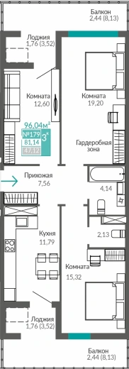 Квартира 3-комн. 81.14 кв.м