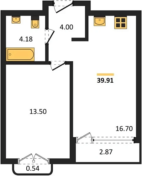Квартира 1-комн. 39.91 кв. м