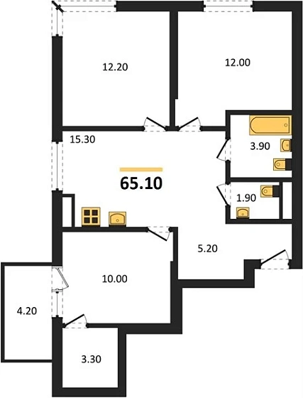 Квартира 3-комн. 65.1 кв. м