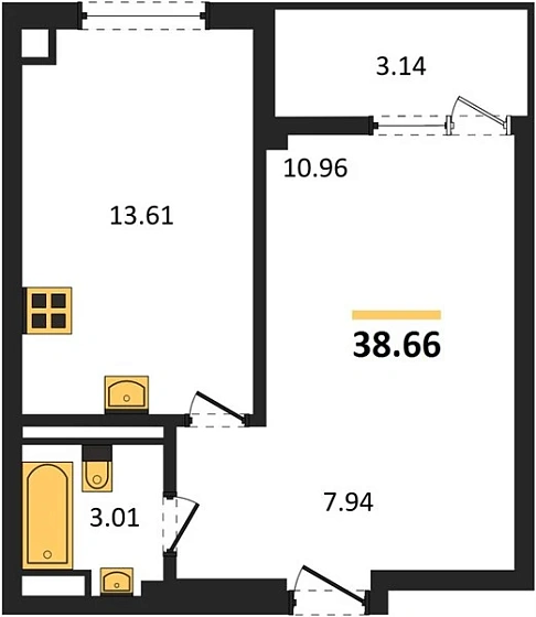 Квартира 1-комн. 38.66 кв. м