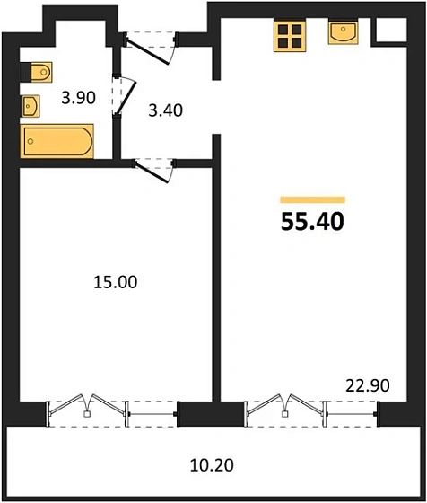 Апартаменты 1-комн. 55.4 кв. м
