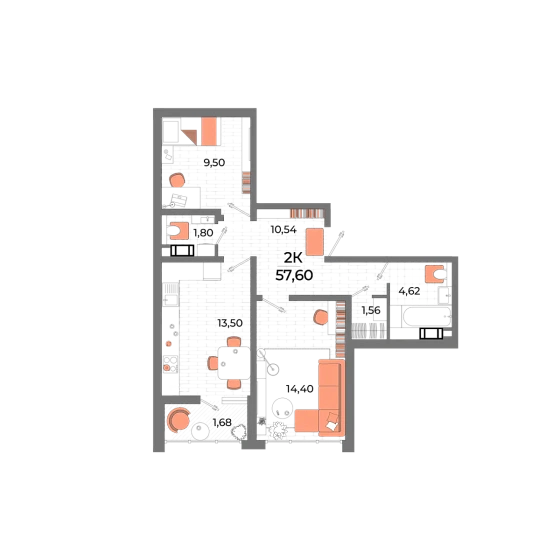 Квартира 2-комн. 56.8 кв. м