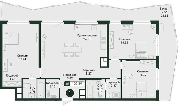 Квартира 3-комн. 102.69 кв. м