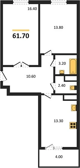 Квартира 2-комн. 61.7 кв. м