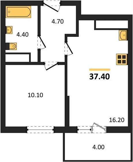 Квартира 1-комн. 37.4 кв. м